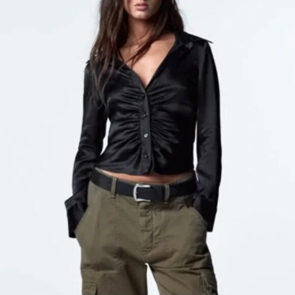 Zara Tops - Zara Black Satin Ruched Cropped Long Sleeve Blouse Size XS